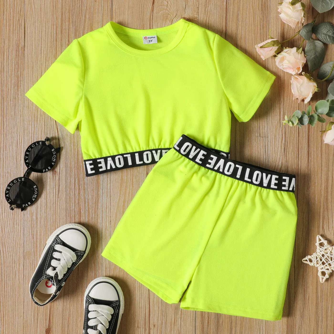 2-piece Toddler Girl Letter Print Crop Tee and Elasticized Shorts Set