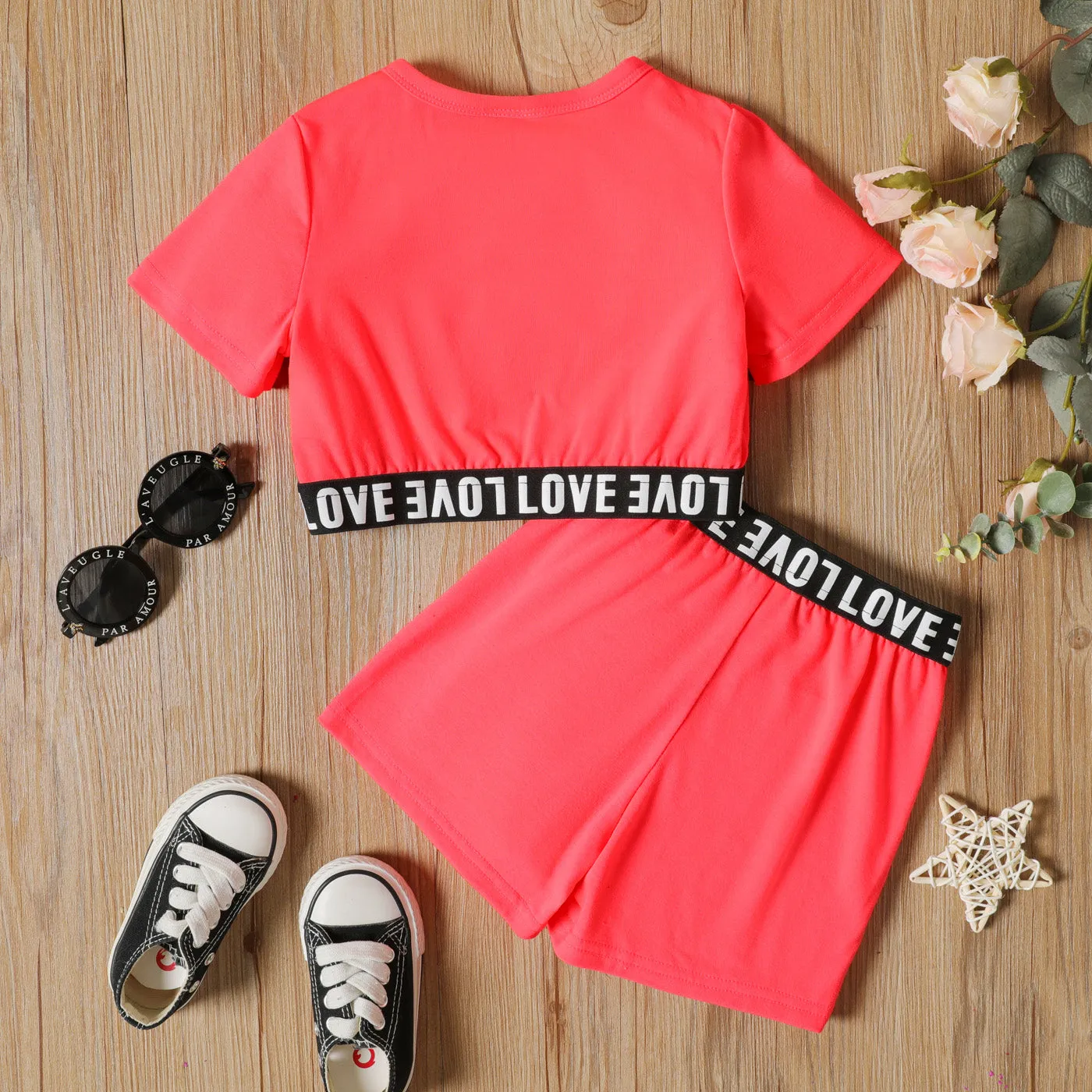 2-piece Toddler Girl Letter Print Crop Tee and Elasticized Shorts Set