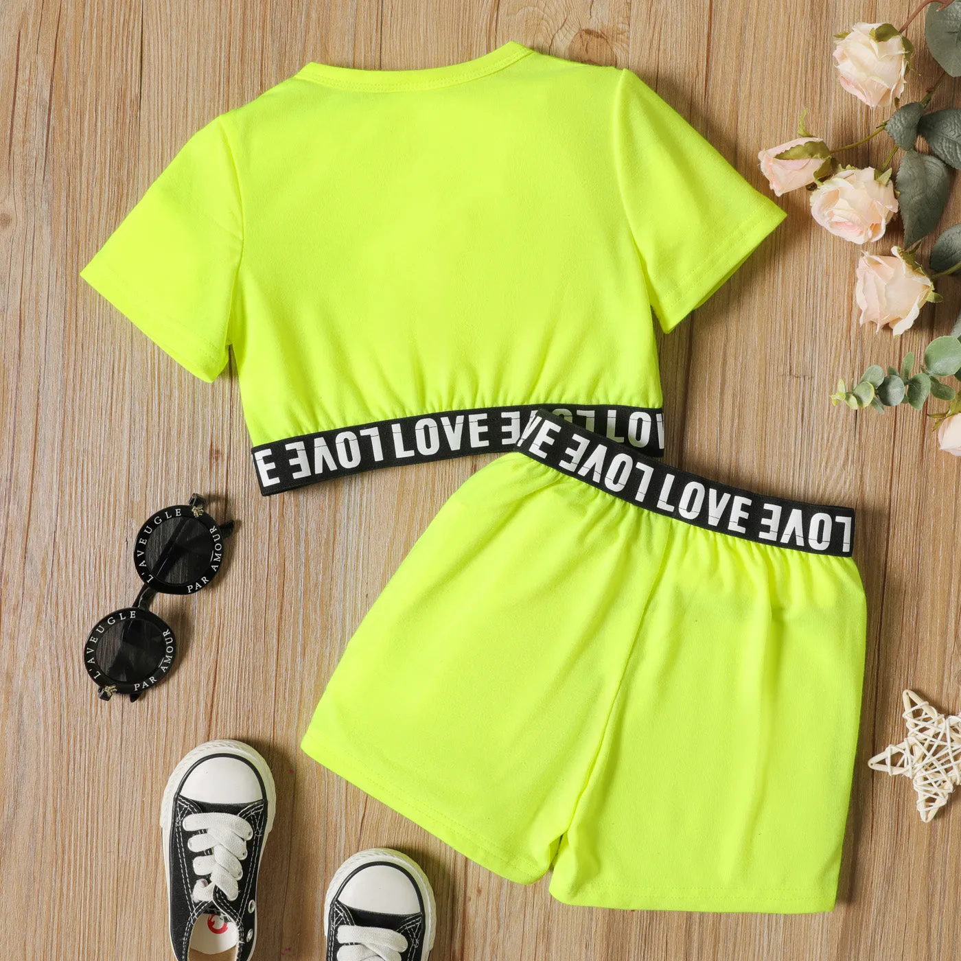 2-piece Toddler Girl Letter Print Crop Tee and Elasticized Shorts Set