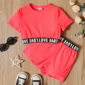 2-piece Toddler Girl Letter Print Crop Tee and Elasticized Shorts Set