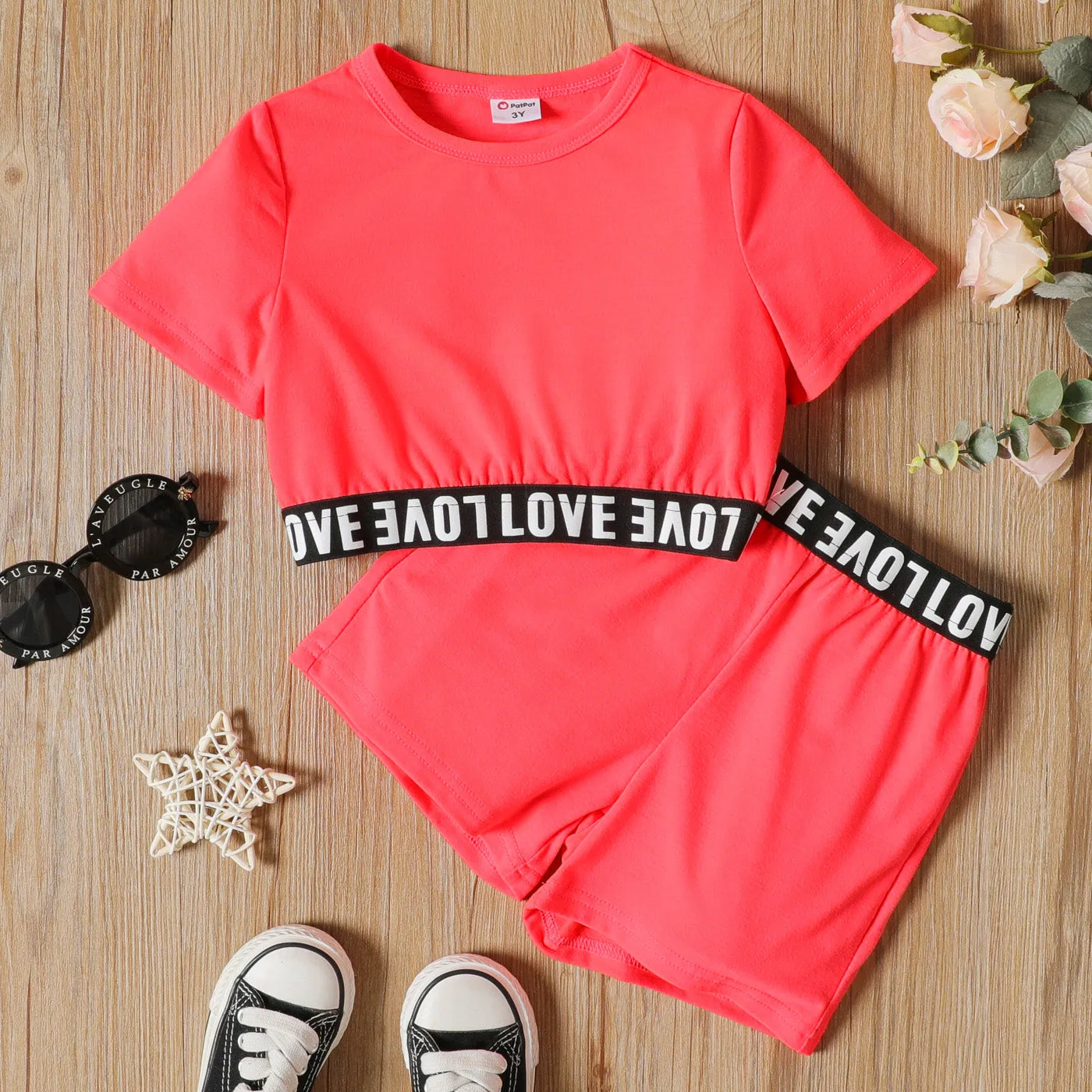 2-piece Toddler Girl Letter Print Crop Tee and Elasticized Shorts Set