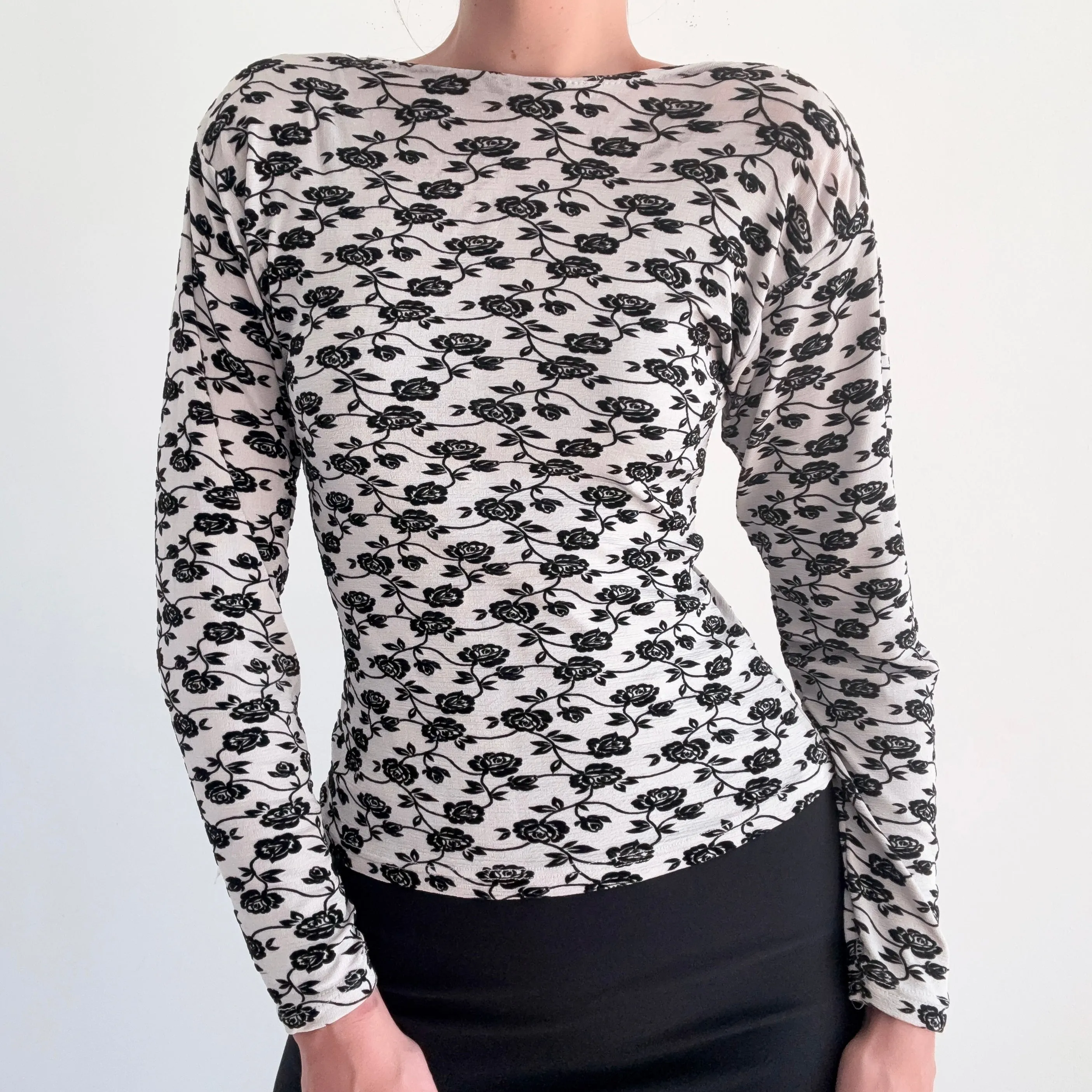 90's Grey & Black Floral Long Sleeve / SZ M