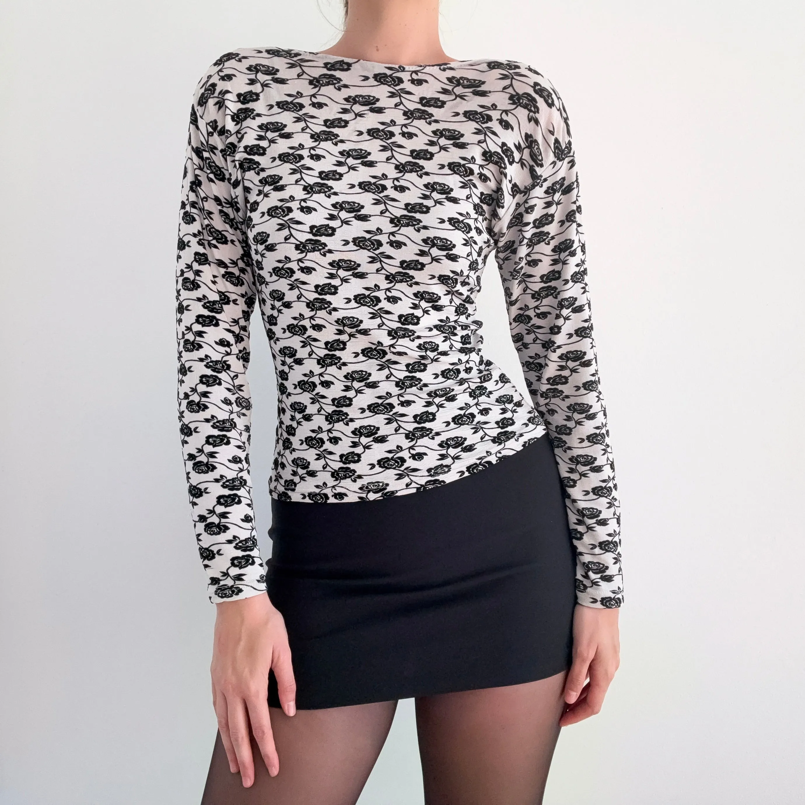 90's Grey & Black Floral Long Sleeve / SZ M