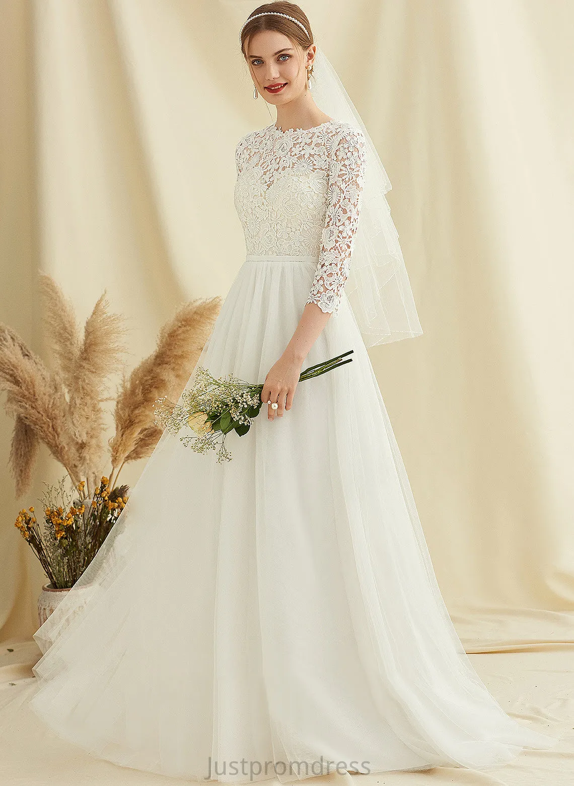 A-Line Sweep Dress Lace Tulle Araceli Train Wedding Wedding Dresses