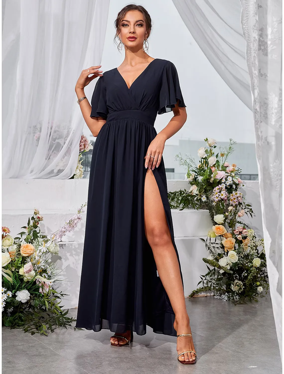 A-Line Wedding Guest Dresses Elegant Dress Holiday Floor Length Short Sleeve V Neck Chiffon Backless with Slit