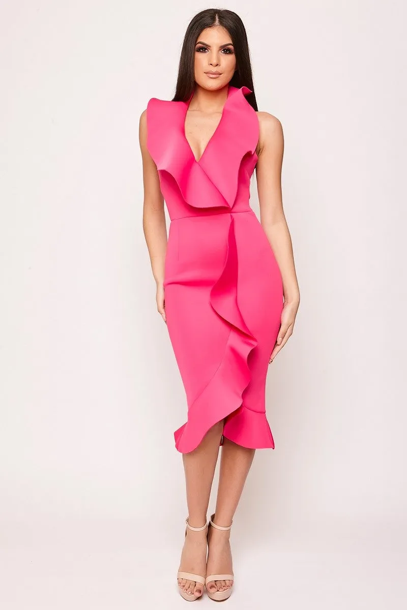 Aleeyah - Pink Halterneck Plunge Frill Scuba Bodycon Dress