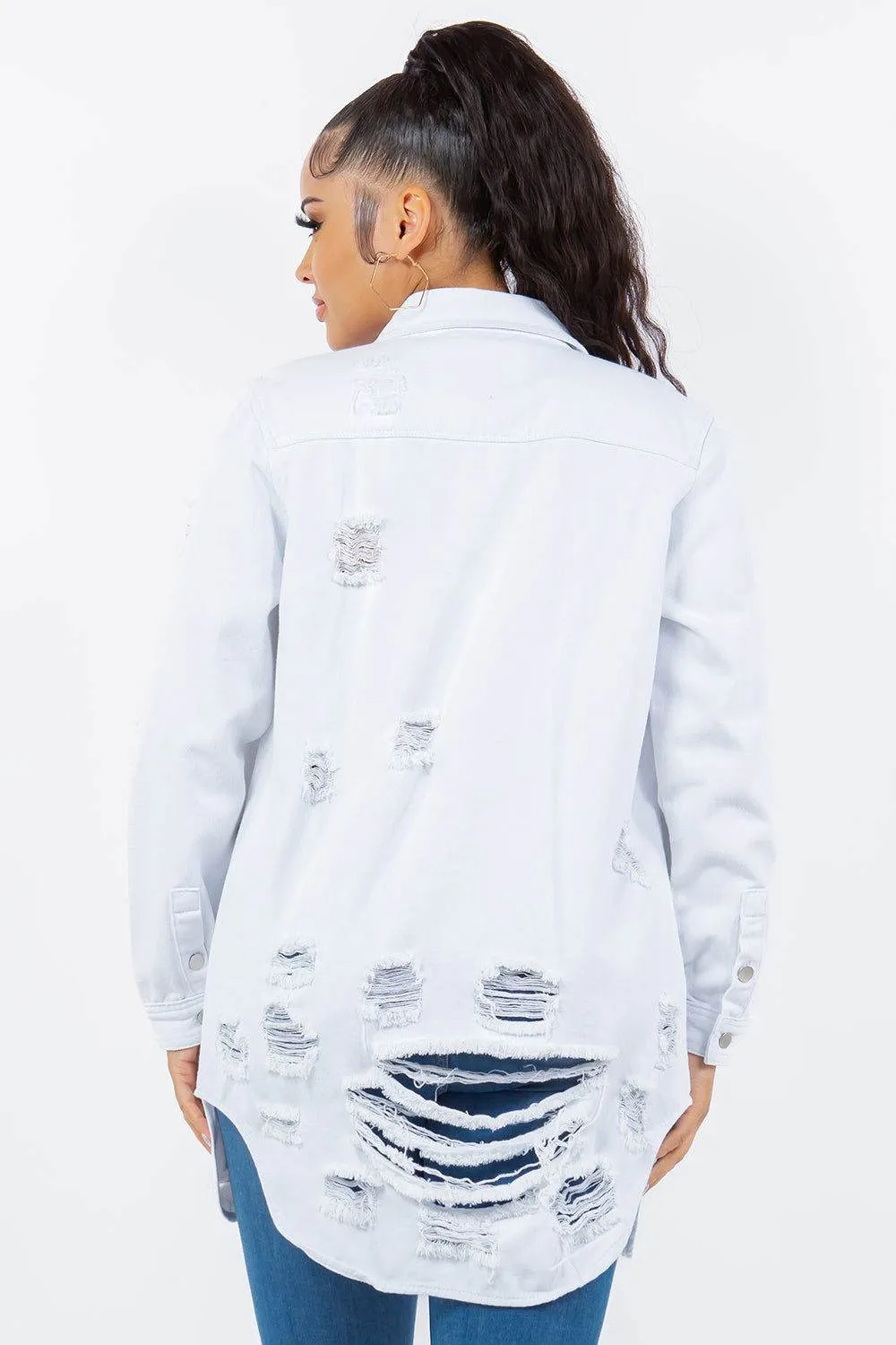 American Bazi Distressed Button Up Long Sleeve Denim Jacket In White