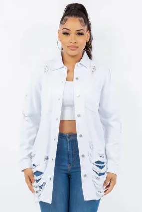 American Bazi Distressed Button Up Long Sleeve Denim Jacket In White