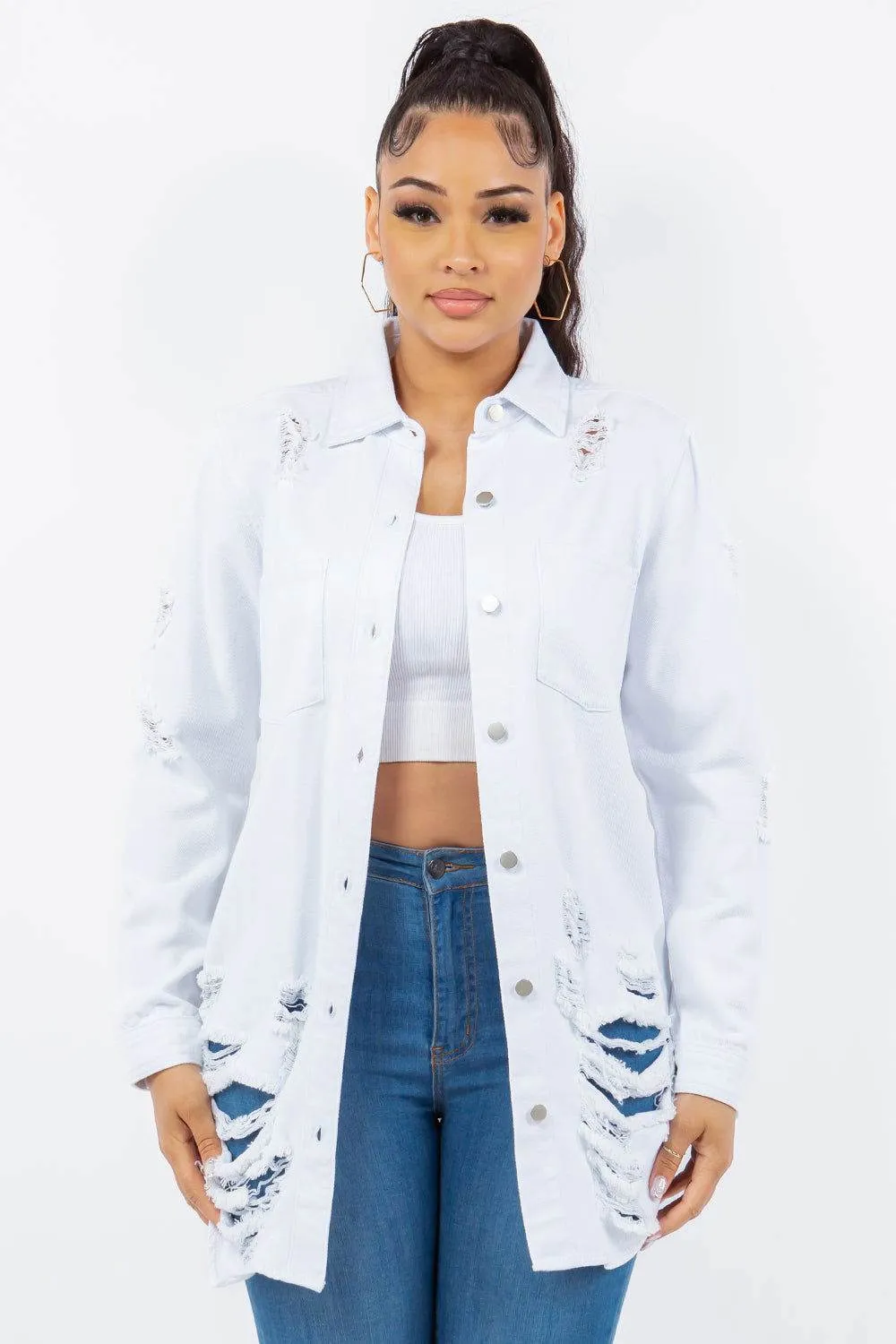 American Bazi Distressed Button Up Long Sleeve Denim Jacket In White
