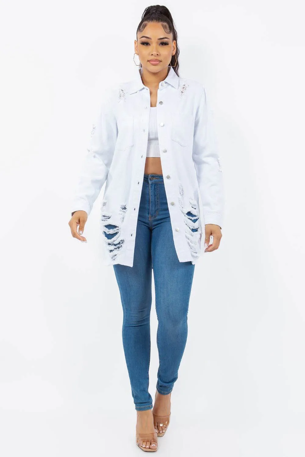 American Bazi Distressed Button Up Long Sleeve Denim Jacket In White