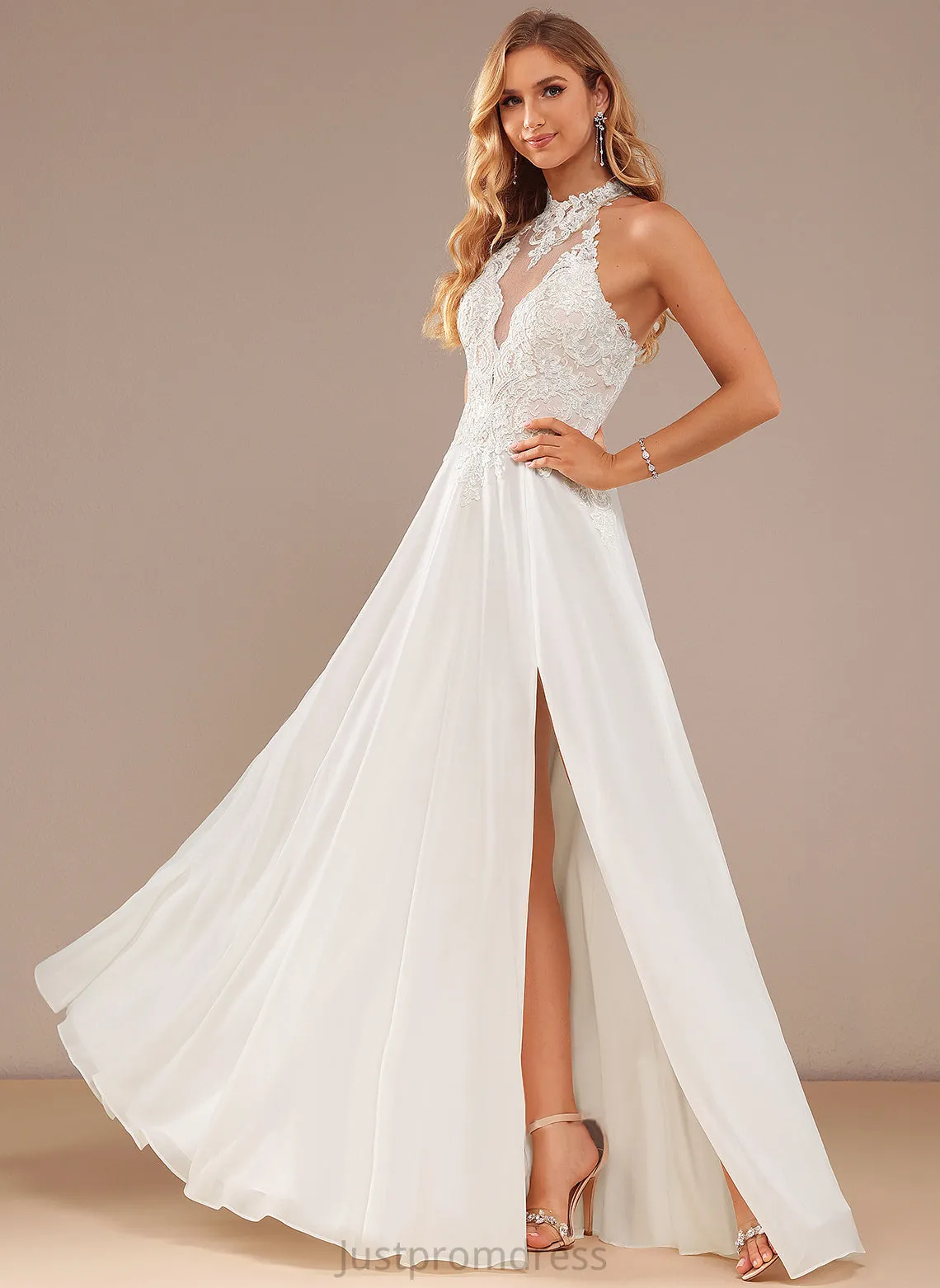 Arianna Wedding Dresses With Neck Sequins A-Line Lace Dress Chiffon Beading Wedding Floor-Length High