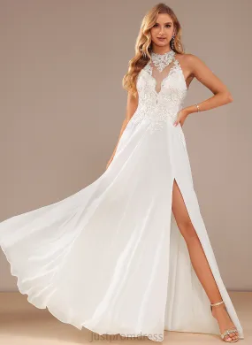 Arianna Wedding Dresses With Neck Sequins A-Line Lace Dress Chiffon Beading Wedding Floor-Length High