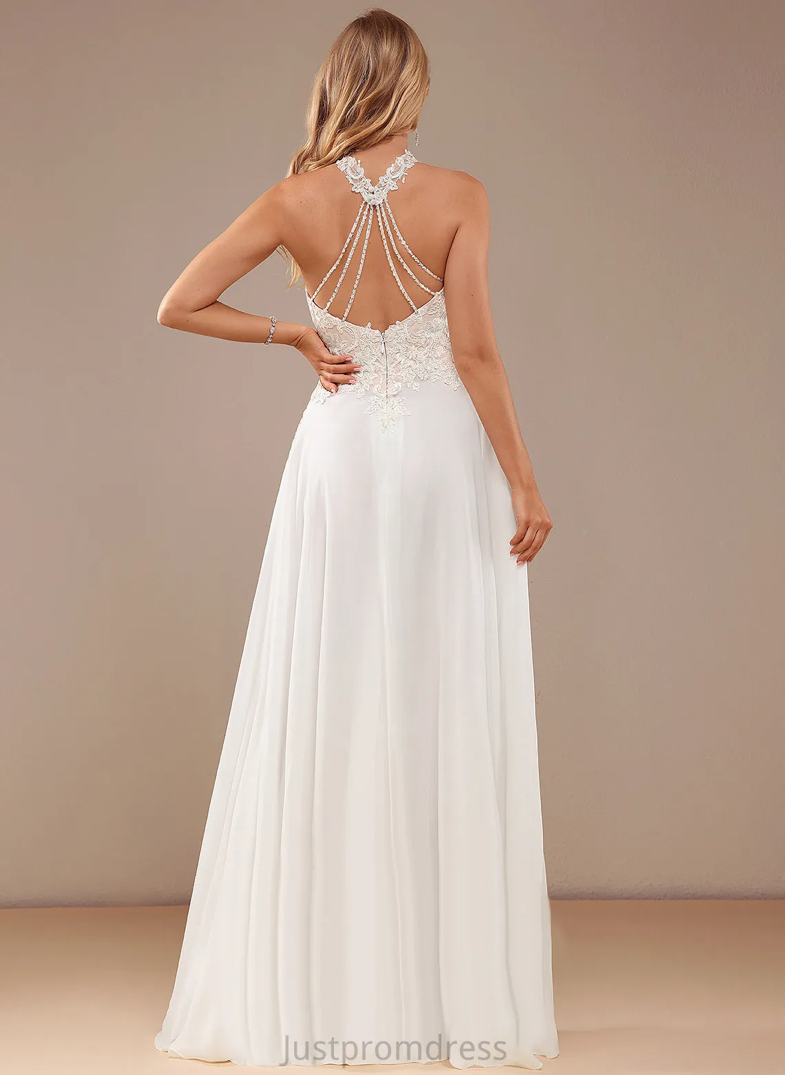 Arianna Wedding Dresses With Neck Sequins A-Line Lace Dress Chiffon Beading Wedding Floor-Length High