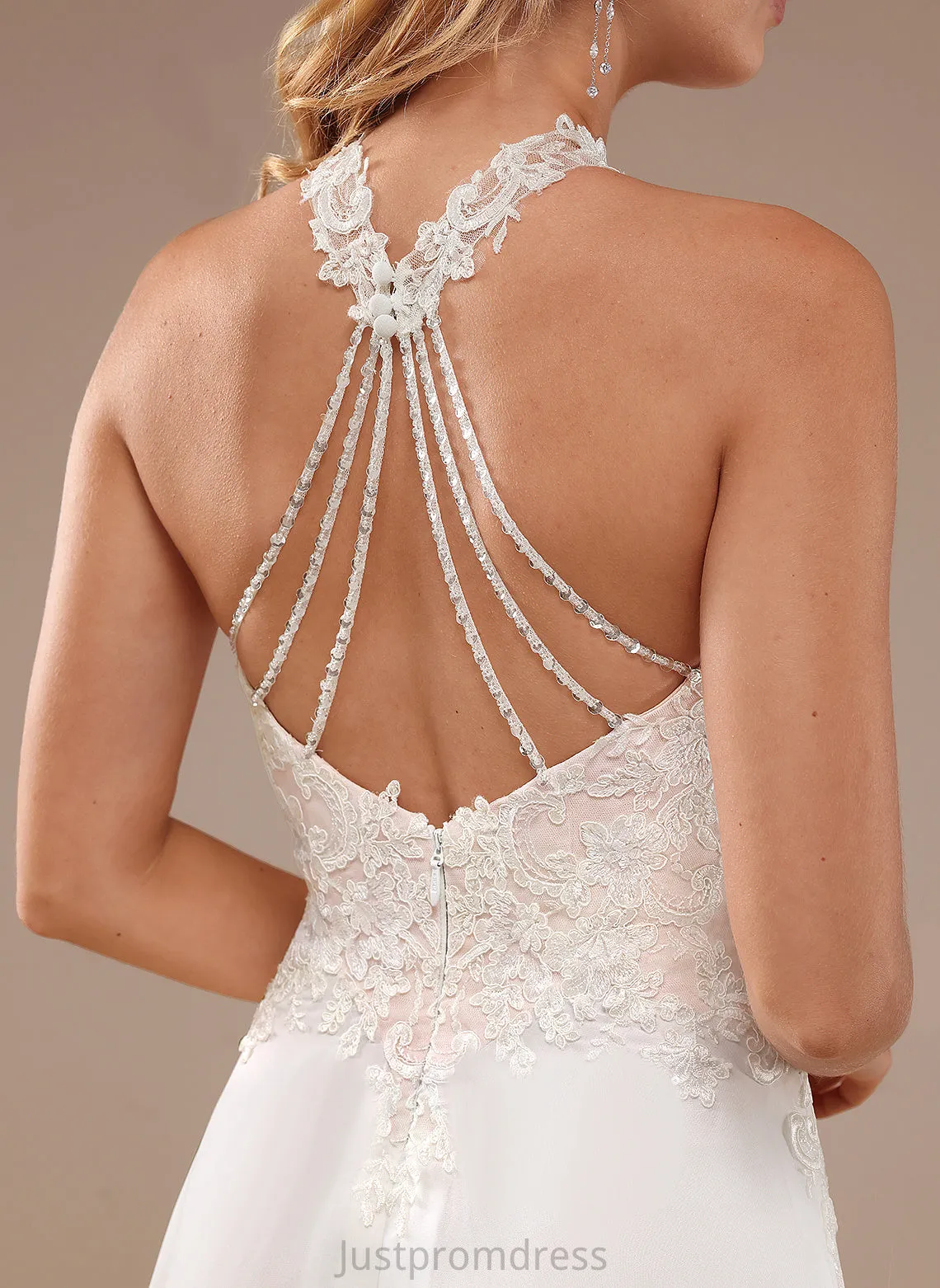 Arianna Wedding Dresses With Neck Sequins A-Line Lace Dress Chiffon Beading Wedding Floor-Length High