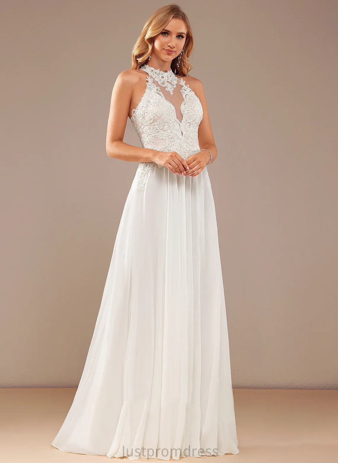 Arianna Wedding Dresses With Neck Sequins A-Line Lace Dress Chiffon Beading Wedding Floor-Length High