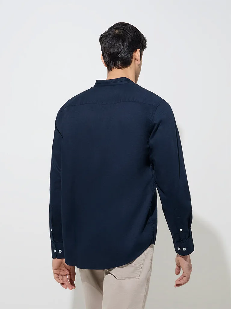 Ascot Navy Solid Relaxed-Fit Cotton Shirt