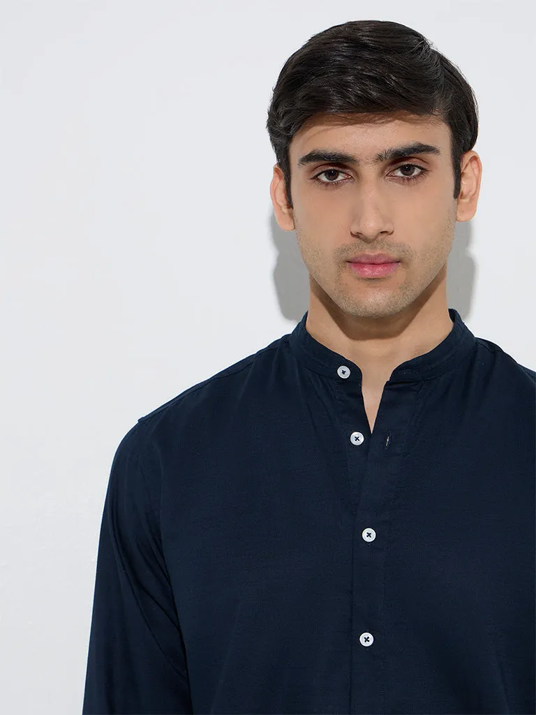 Ascot Navy Solid Relaxed-Fit Cotton Shirt