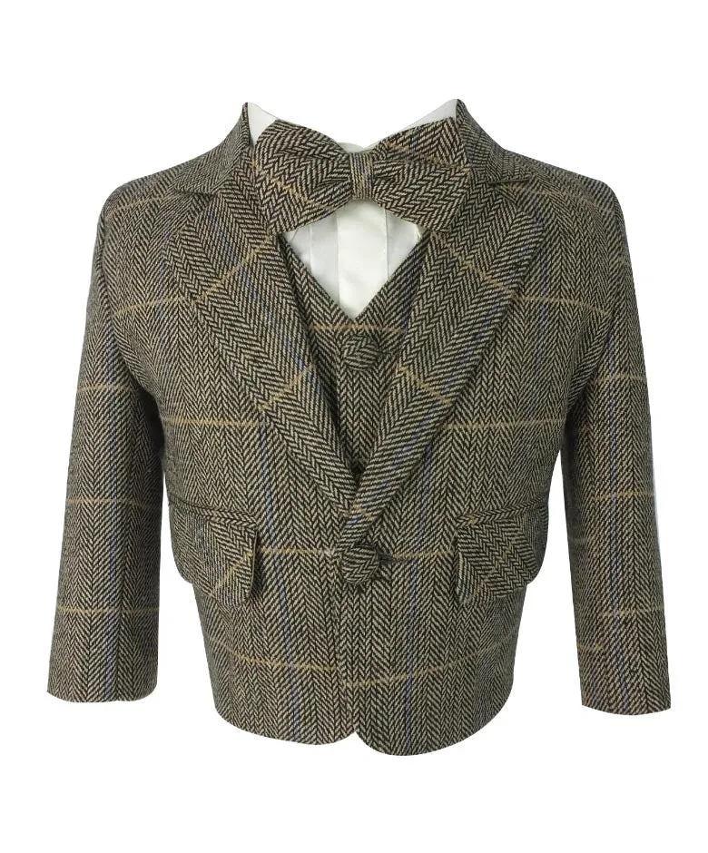 Baby Boys Herringbone Check Tweed Suit Set - Tan Brown