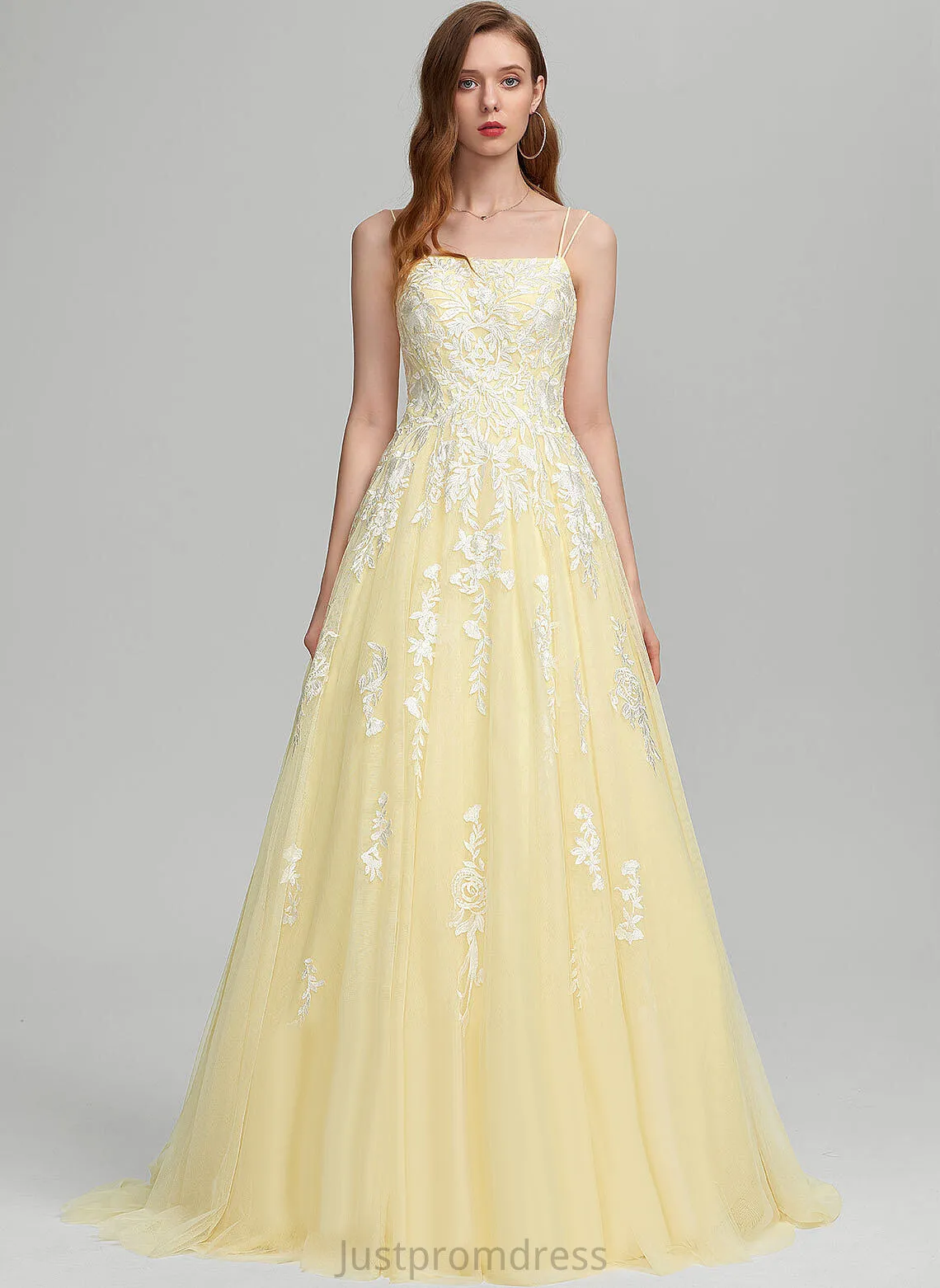 Ball-Gown/Princess Sweep Tulle Square Train Lace Prom Dresses Makena