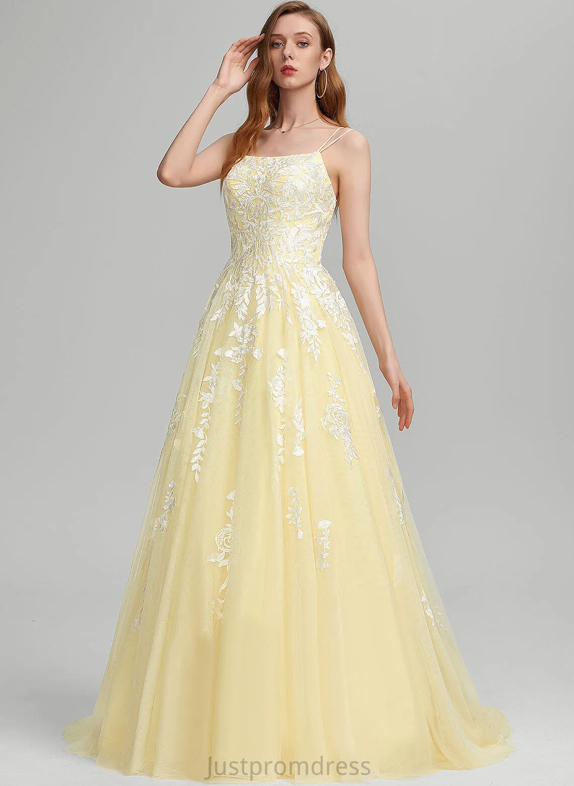Ball-Gown/Princess Sweep Tulle Square Train Lace Prom Dresses Makena