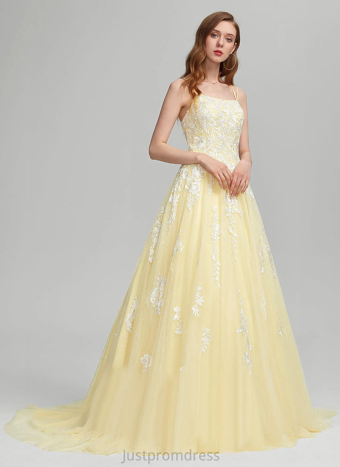 Ball-Gown/Princess Sweep Tulle Square Train Lace Prom Dresses Makena