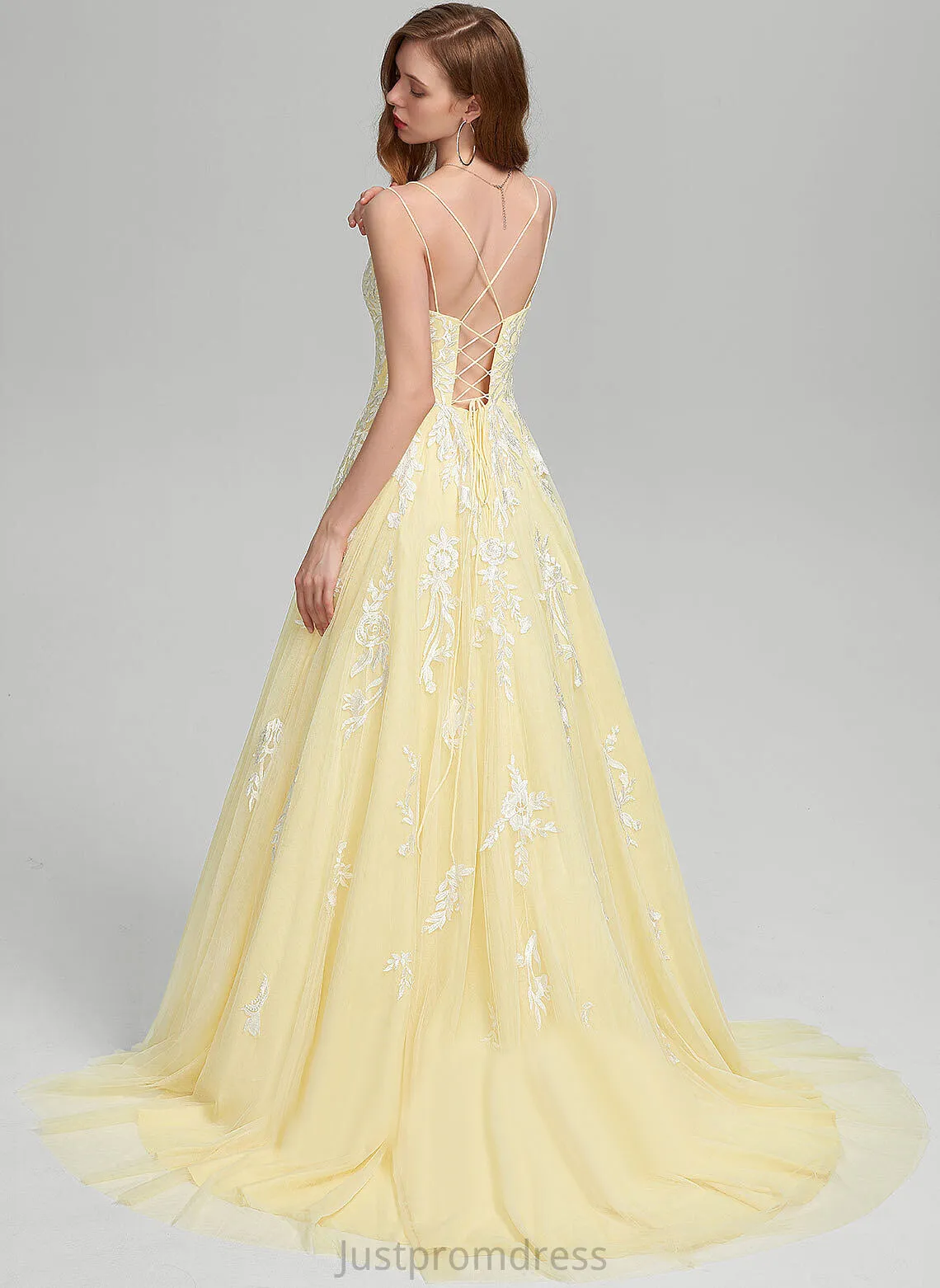 Ball-Gown/Princess Sweep Tulle Square Train Lace Prom Dresses Makena