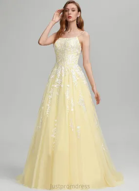 Ball-Gown/Princess Sweep Tulle Square Train Lace Prom Dresses Makena
