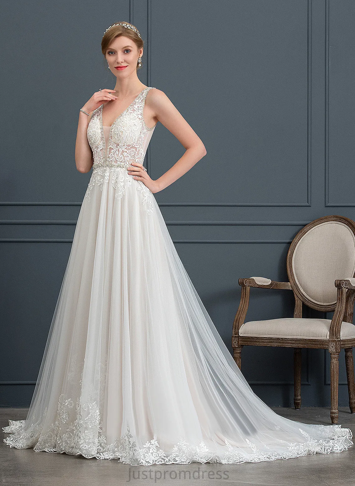 Beading Sequins Dress Lace Ball-Gown/Princess Wedding Wedding Dresses Court V-neck Belen Tulle With Train