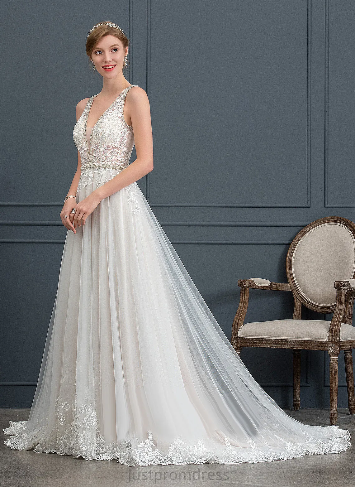 Beading Sequins Dress Lace Ball-Gown/Princess Wedding Wedding Dresses Court V-neck Belen Tulle With Train