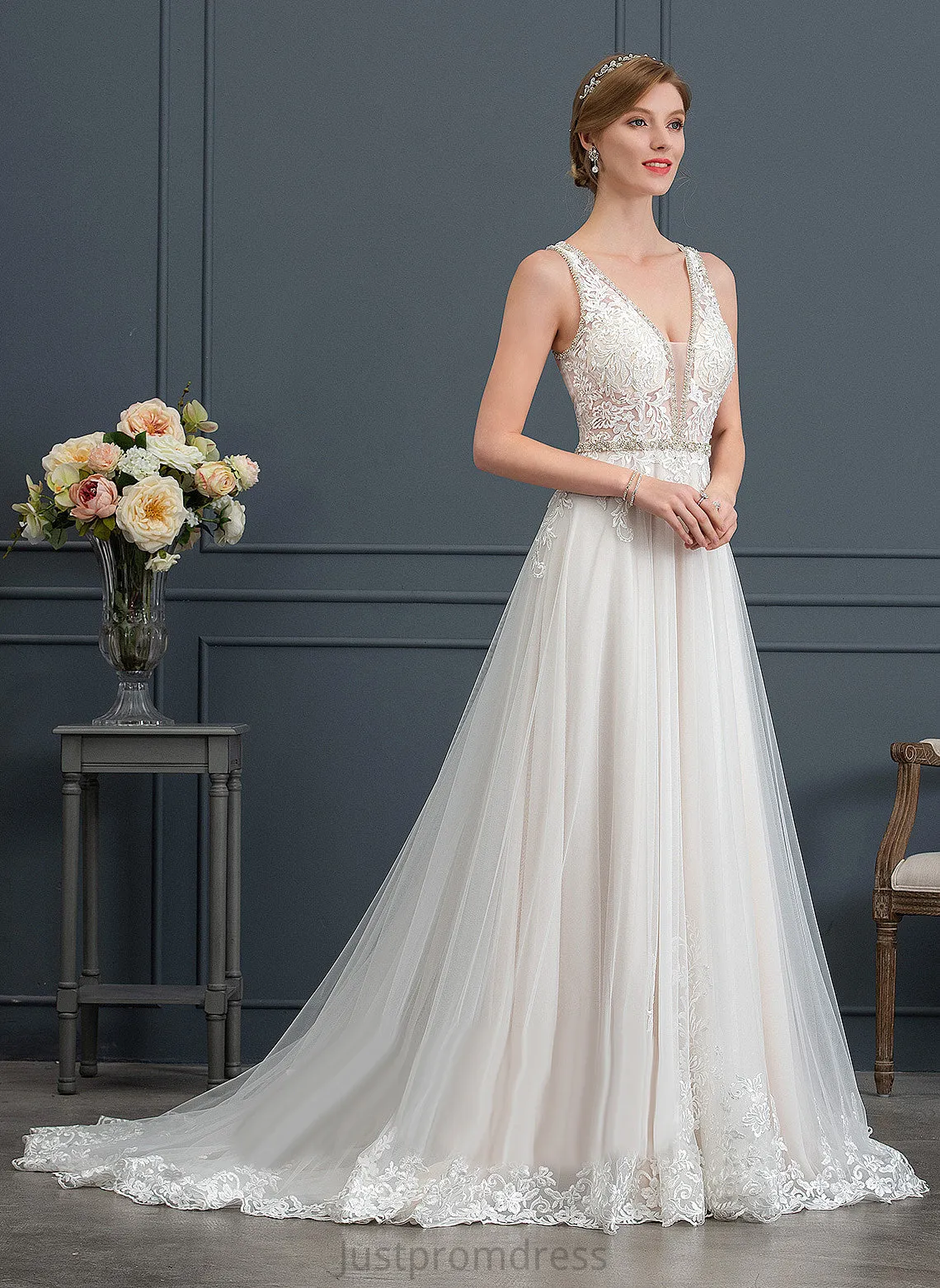 Beading Sequins Dress Lace Ball-Gown/Princess Wedding Wedding Dresses Court V-neck Belen Tulle With Train
