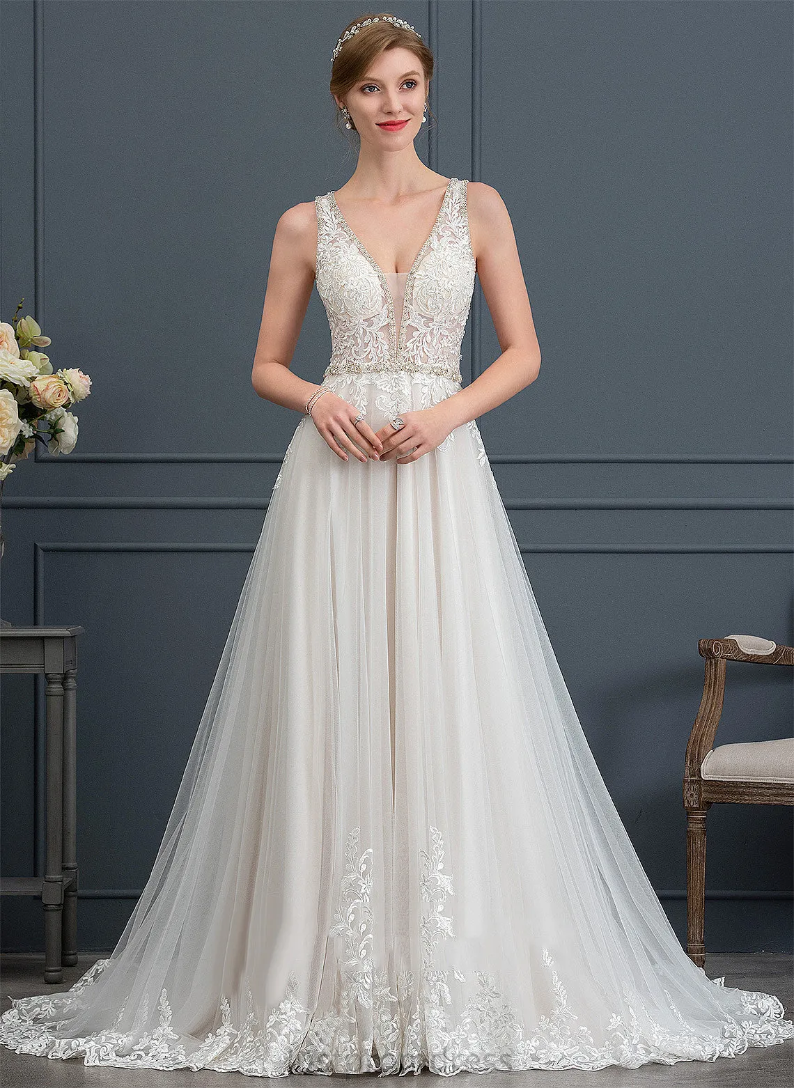 Beading Sequins Dress Lace Ball-Gown/Princess Wedding Wedding Dresses Court V-neck Belen Tulle With Train