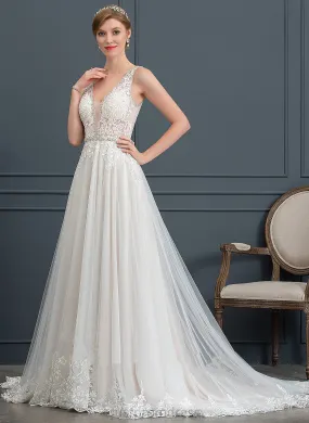 Beading Sequins Dress Lace Ball-Gown/Princess Wedding Wedding Dresses Court V-neck Belen Tulle With Train