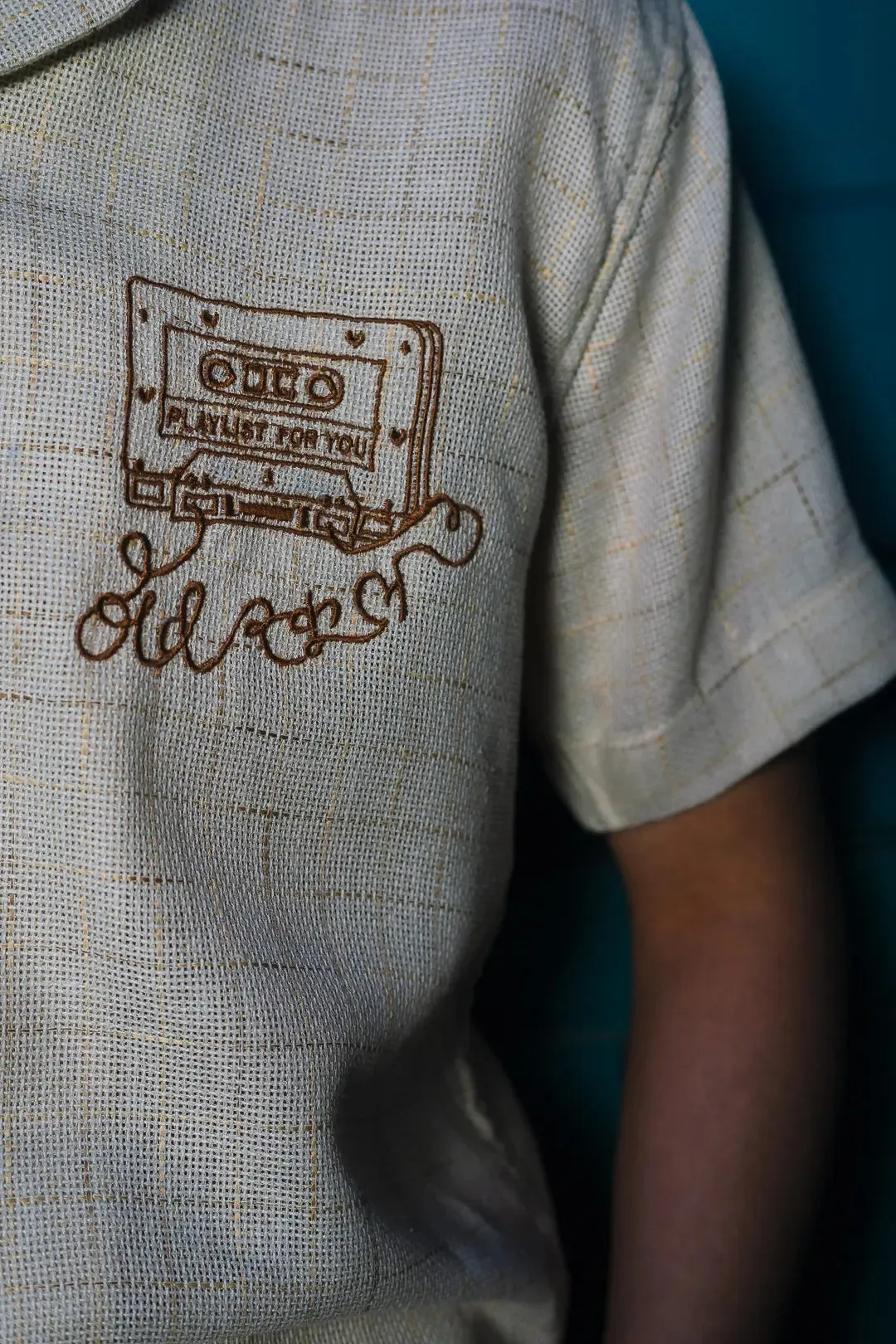 Beige Jute Old School Embroidered Linen Shirt