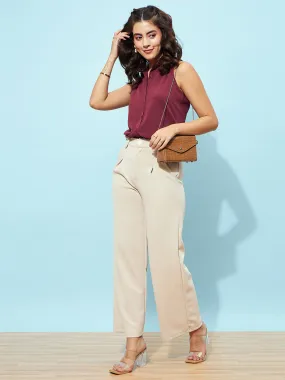 Berrylush Women Solid Maroon Spread Collar Neck Sleeveless Button-Up Curved Hem Regular Shirt