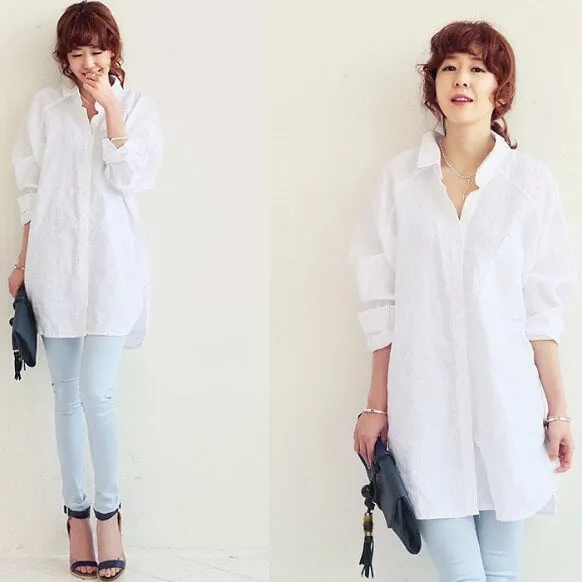 BF Wind Flax Cotton Woman New Loose Size Long Sleeve Pure Color Shirt