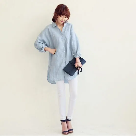 BF Wind Flax Cotton Woman New Loose Size Long Sleeve Pure Color Shirt