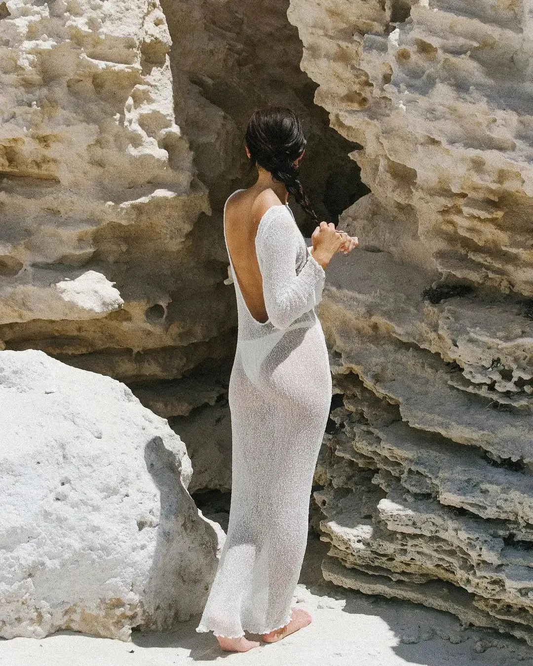 Black Knitted Sexy Backless Slim Long Sleeve Maxi Dress