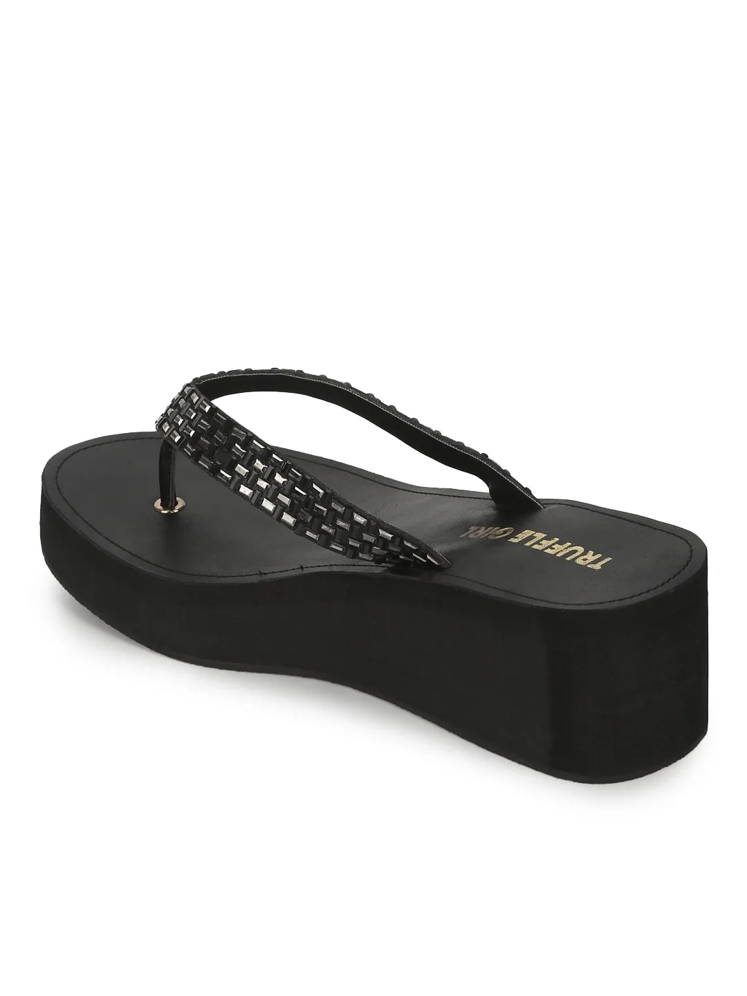 Black PU Shimmer Knitted Strap Slip On Wedges