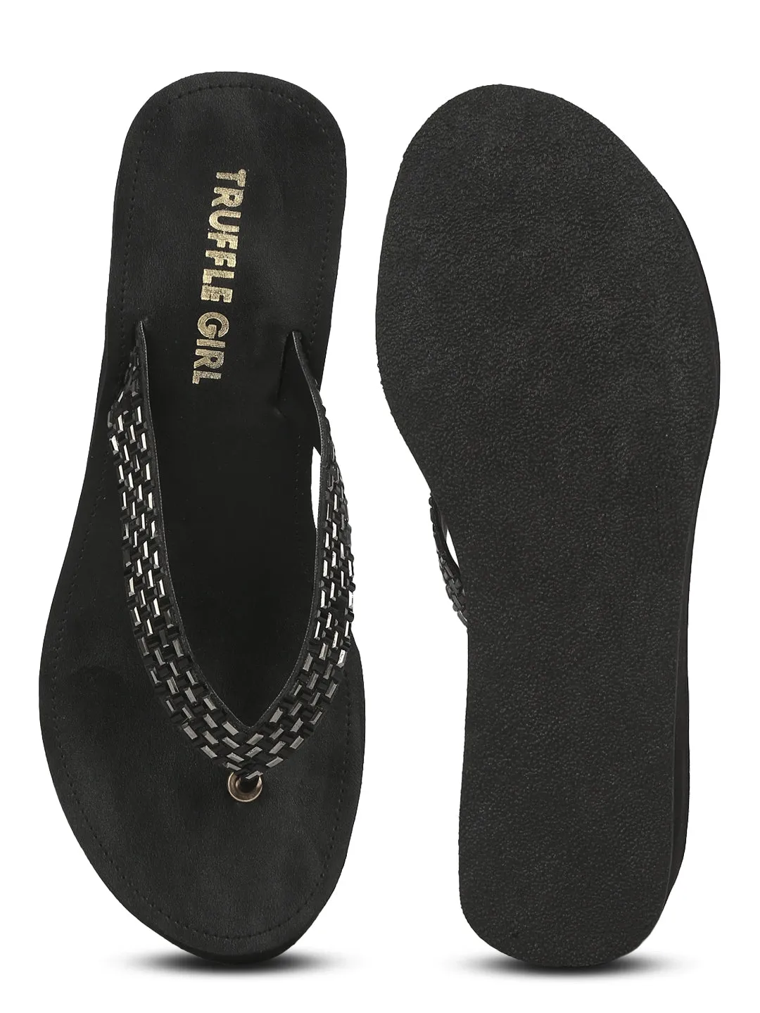 Black PU Shimmer Knitted Strap Slip On Wedges