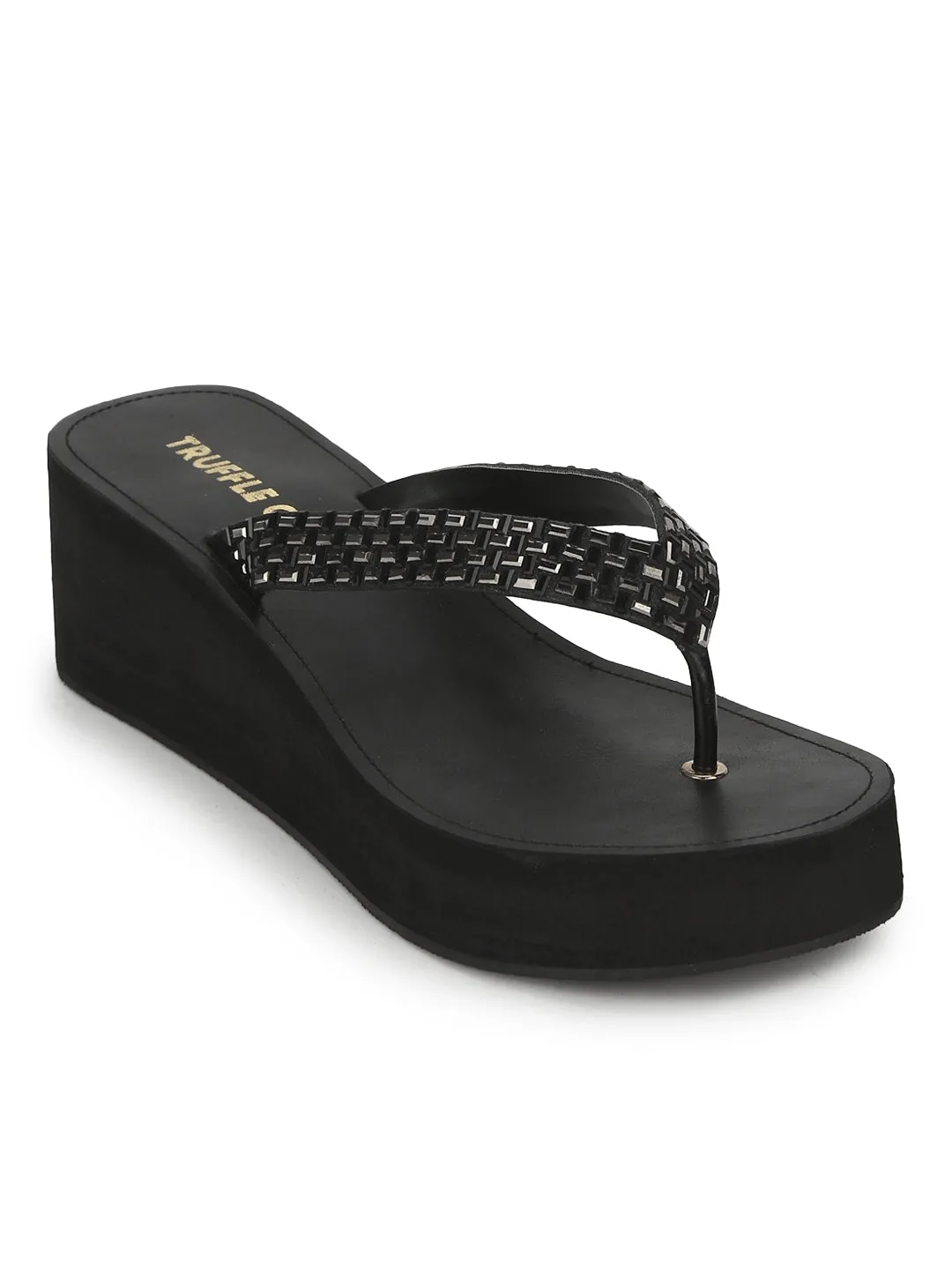 Black PU Shimmer Knitted Strap Slip On Wedges