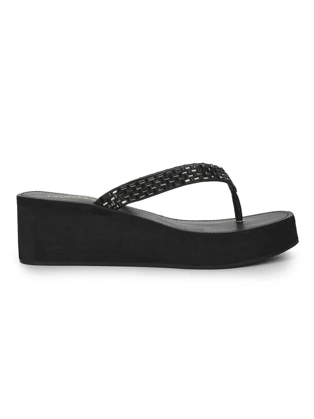 Black PU Shimmer Knitted Strap Slip On Wedges