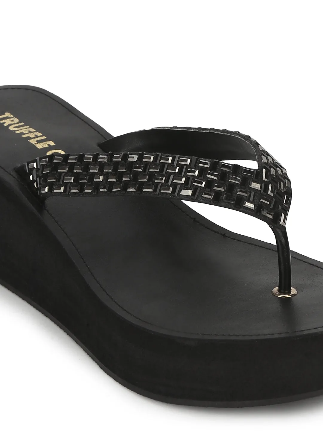 Black PU Shimmer Knitted Strap Slip On Wedges