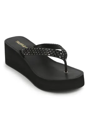 Black PU Shimmer Knitted Strap Slip On Wedges