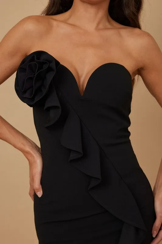 Black Rose Ruffle Swirl Short Dress