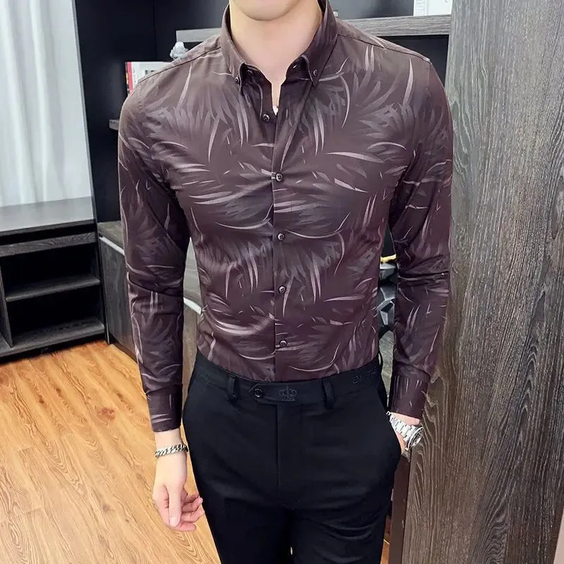 Bonsir Business Casual Men Shirts Autumn New Lapel Printing Button Single Breasted Korean Trend Fashion Office Social Long Sleeve Tops