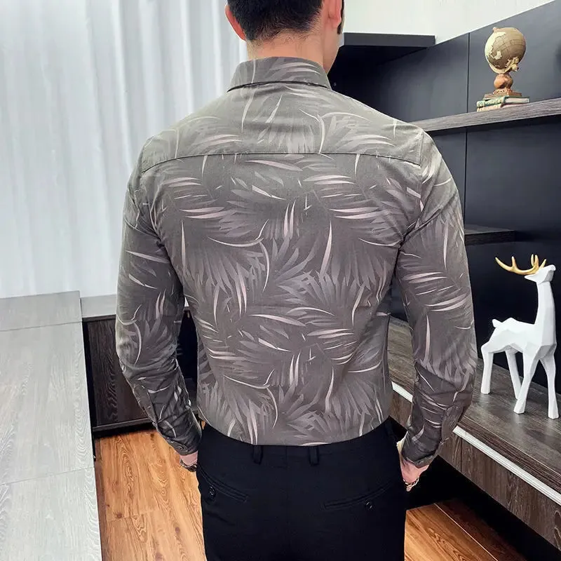 Bonsir Business Casual Men Shirts Autumn New Lapel Printing Button Single Breasted Korean Trend Fashion Office Social Long Sleeve Tops
