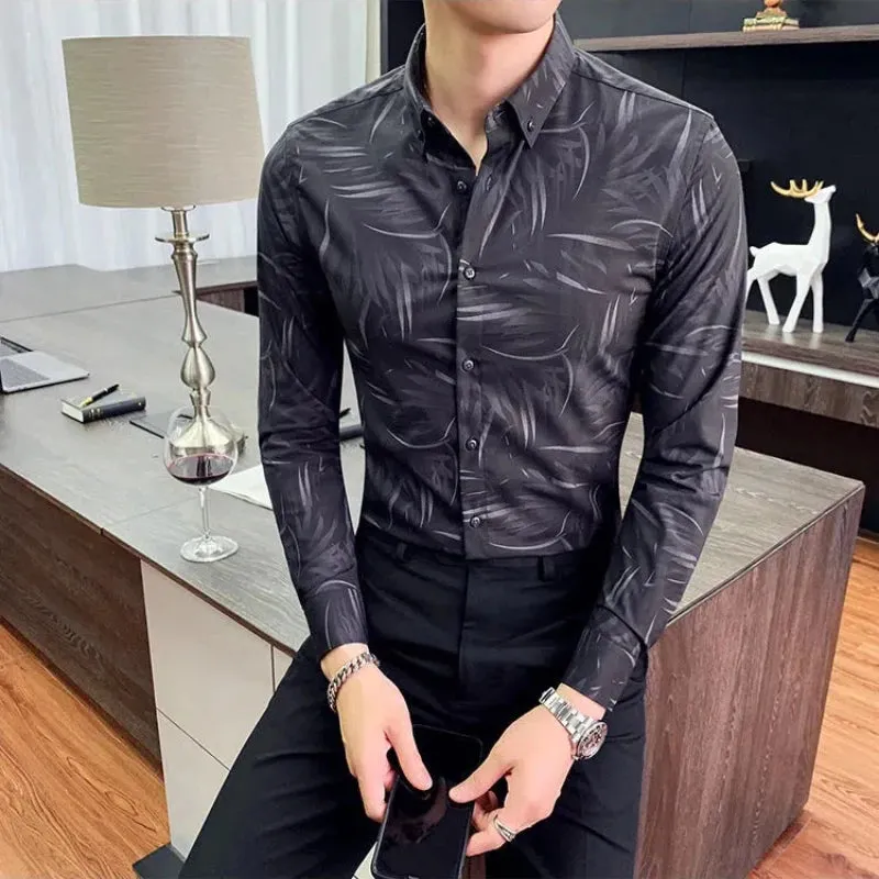 Bonsir Business Casual Men Shirts Autumn New Lapel Printing Button Single Breasted Korean Trend Fashion Office Social Long Sleeve Tops