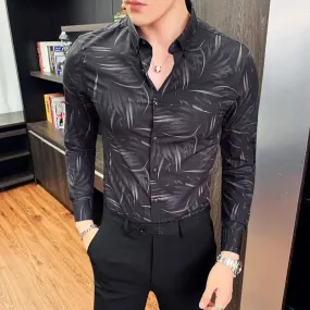 Bonsir Business Casual Men Shirts Autumn New Lapel Printing Button Single Breasted Korean Trend Fashion Office Social Long Sleeve Tops