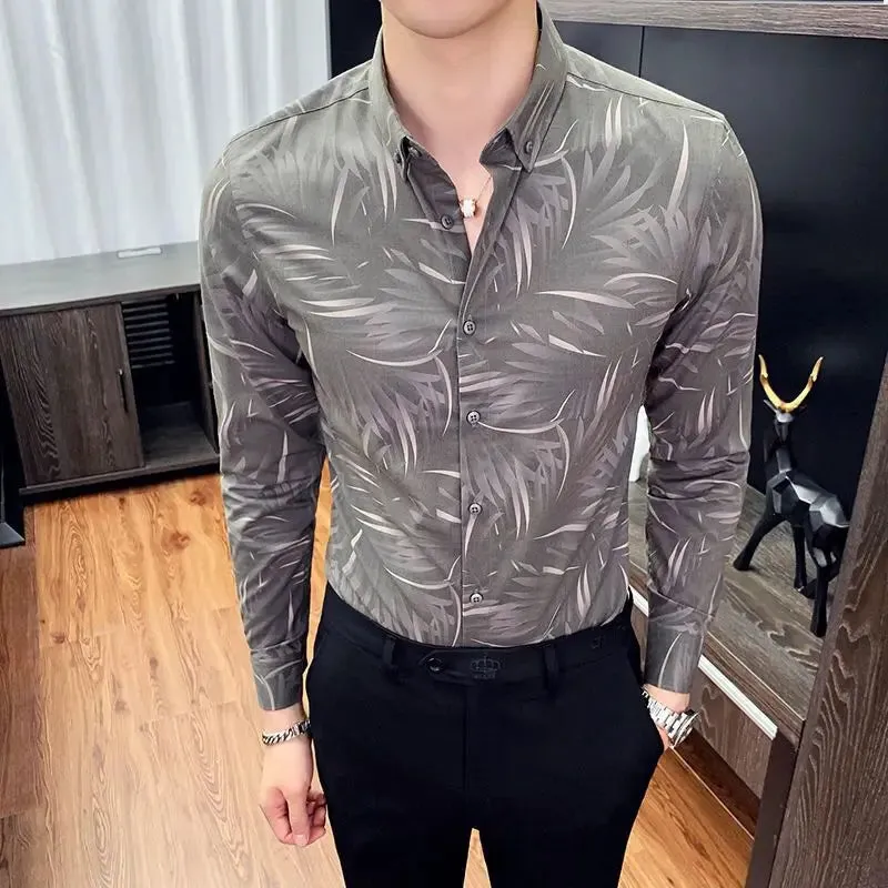 Bonsir Business Casual Men Shirts Autumn New Lapel Printing Button Single Breasted Korean Trend Fashion Office Social Long Sleeve Tops