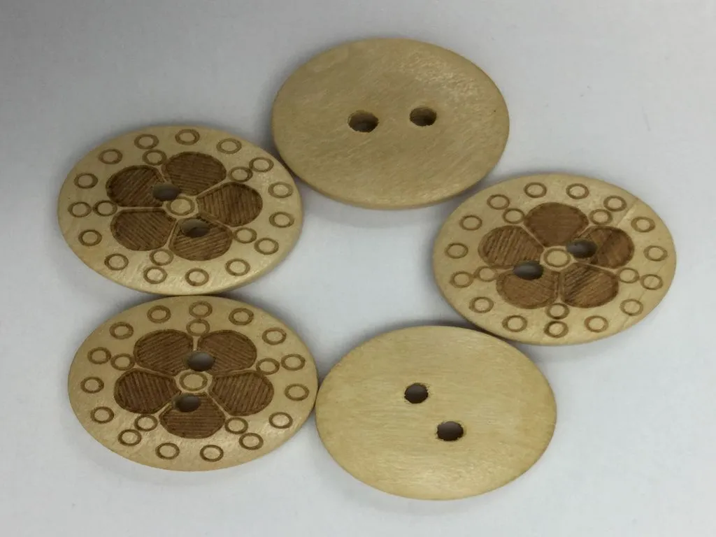 Brown Circular Flower Printed 2 Hole Wooden Button